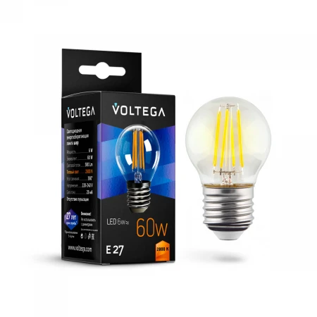 Лампа светодиодная филаментная Voltega E27 6W 2800К прозрачная VG10-G1E27warm6W-F 7023